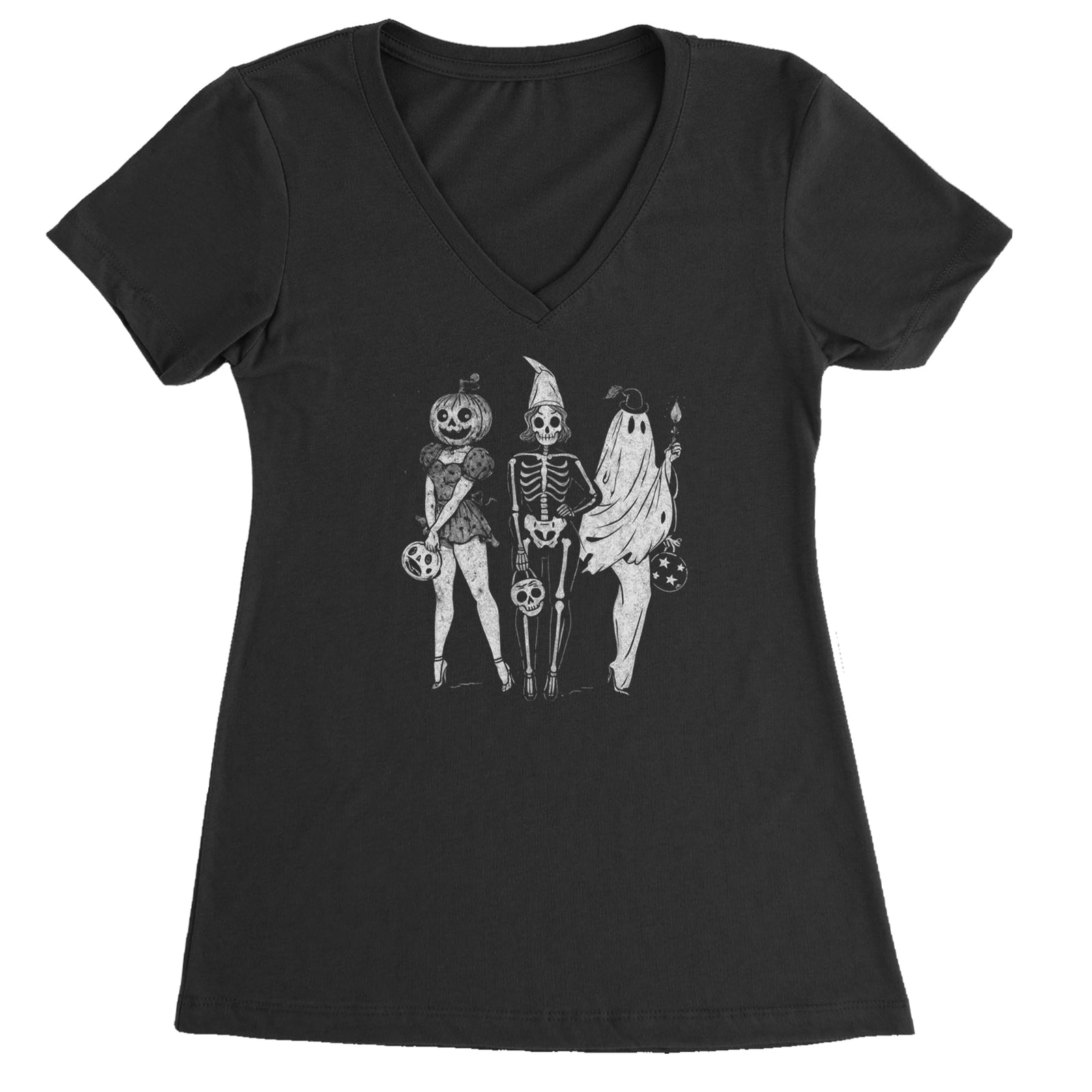 Vintage Spooky Squad Pinup Halloween Design Ladies V-Neck T-shirt Black