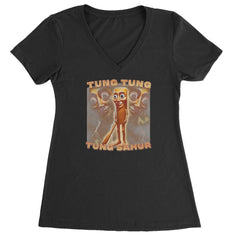Women's Lightweight V-Neck T-Shirt with spooky-funny sahur enforcer character and chant-like "TUNG TUNG TUNG SAHUR" wording