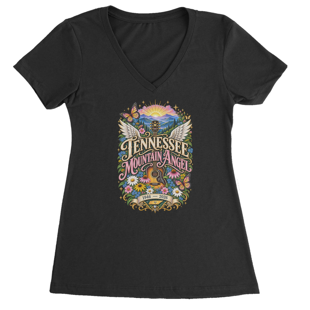 Tennessee Mountain Angel Wings Dolly Ladies V-Neck T-shirt Black