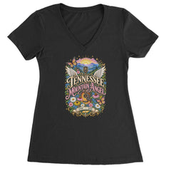 Tennessee Mountain Angel Wings Dolly Ladies V-Neck T-shirt Black