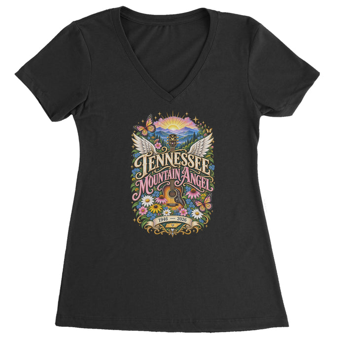 Tennessee Mountain Angel Wings Dolly Ladies V-Neck T-shirt