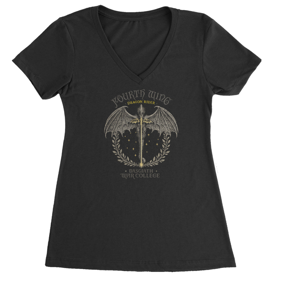 Vintage laurel-framed dragon rider graphic on a Women's Lightweight V-Neck T-Shirt