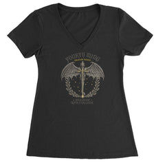 Vintage laurel-framed dragon rider graphic on a Women's Lightweight V-Neck T-Shirt