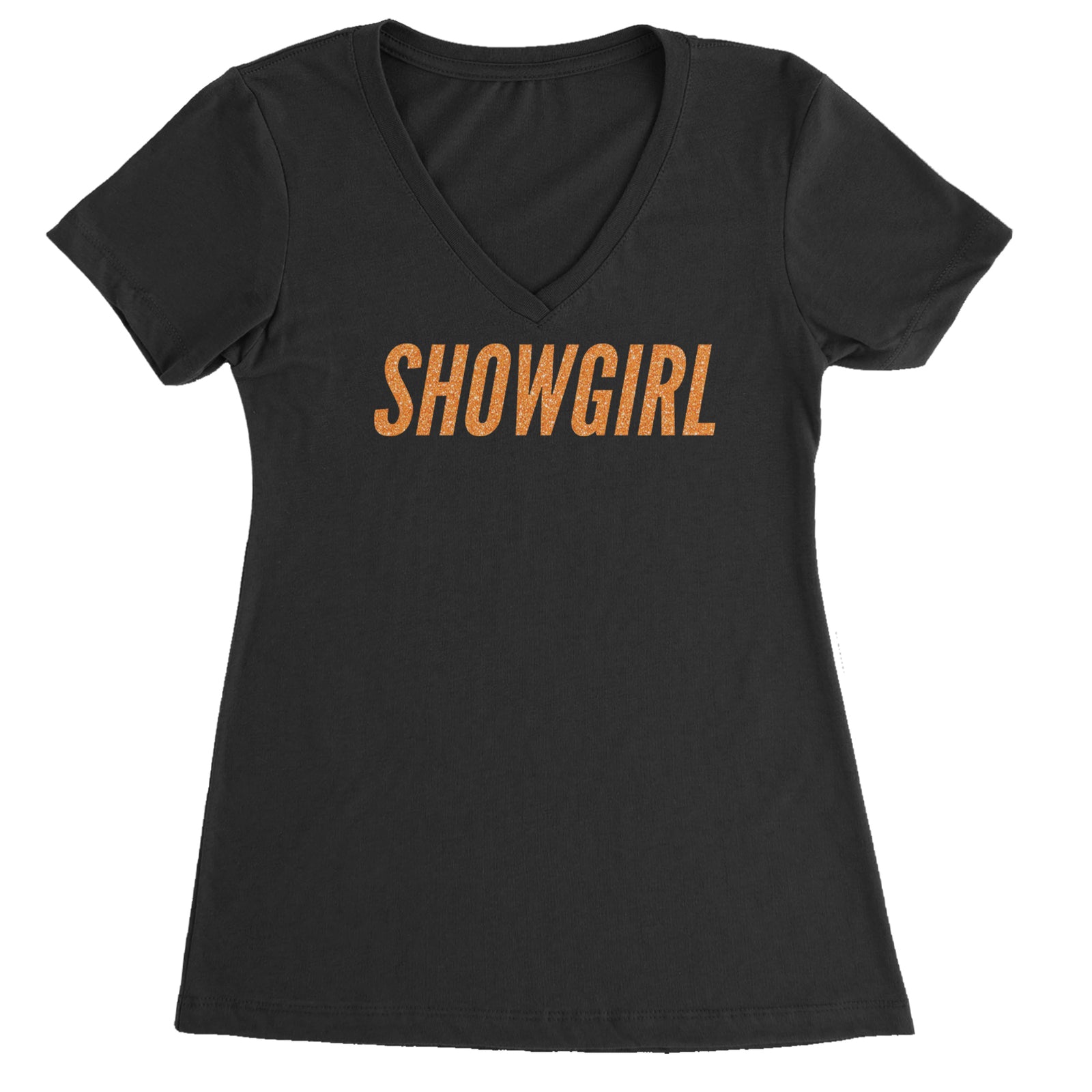 Showgirl Orange Glitter Ladies V-Neck T-shirt Black