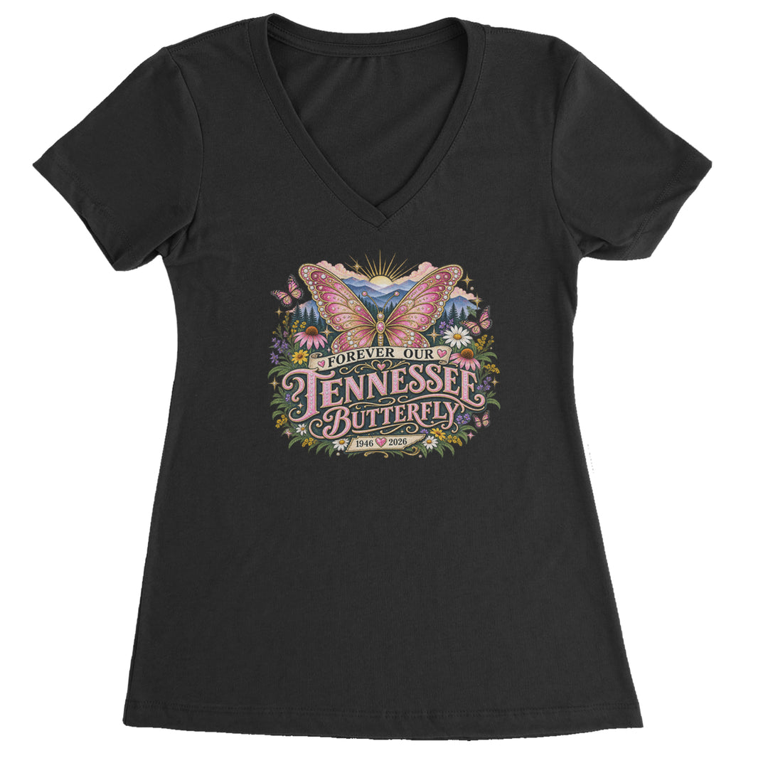 Forever Our Tennessee Butterfly Dolly Ladies V-Neck T-shirt Black