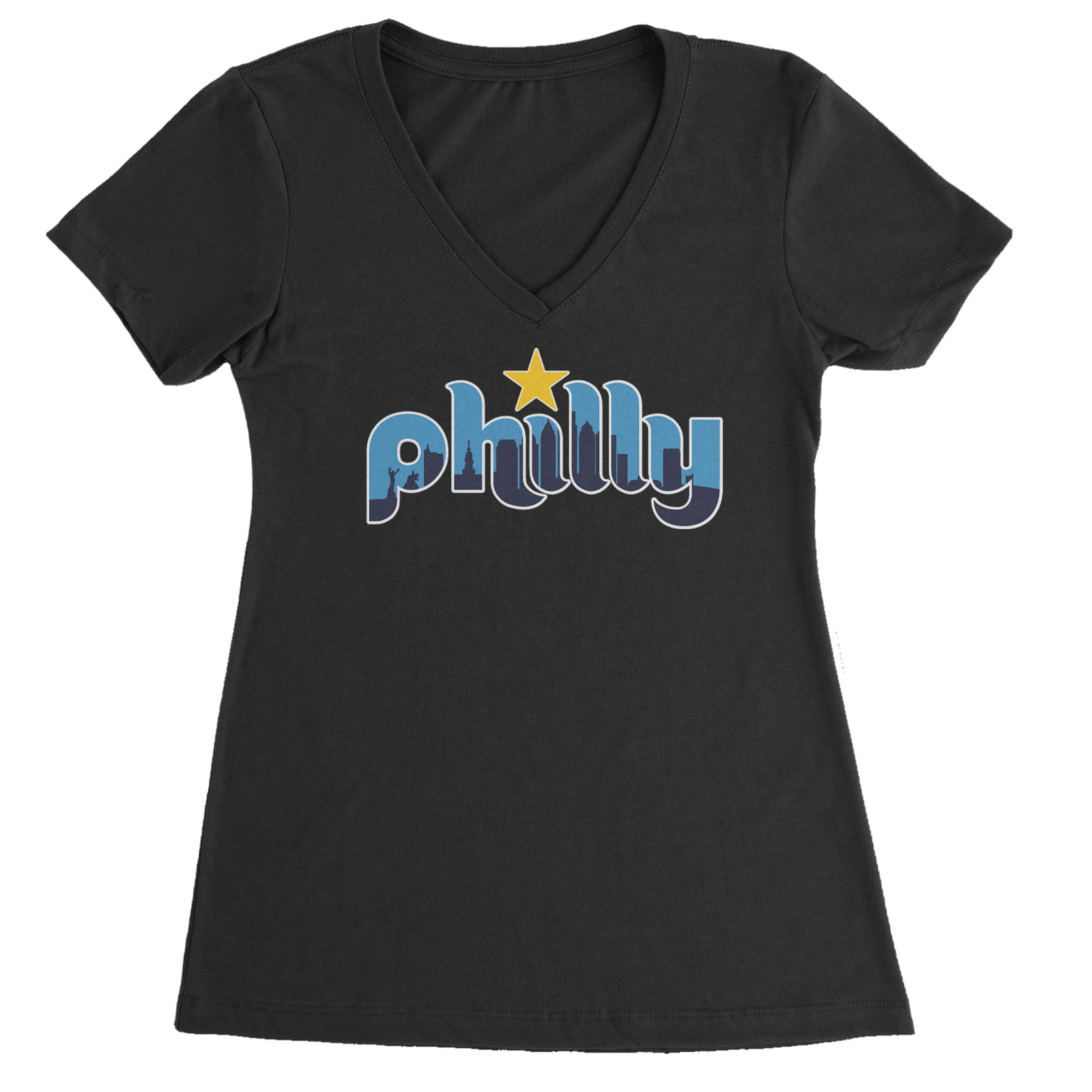 Skyline Philly Philadelphia Ladies V-Neck T-shirt Blue Clouds