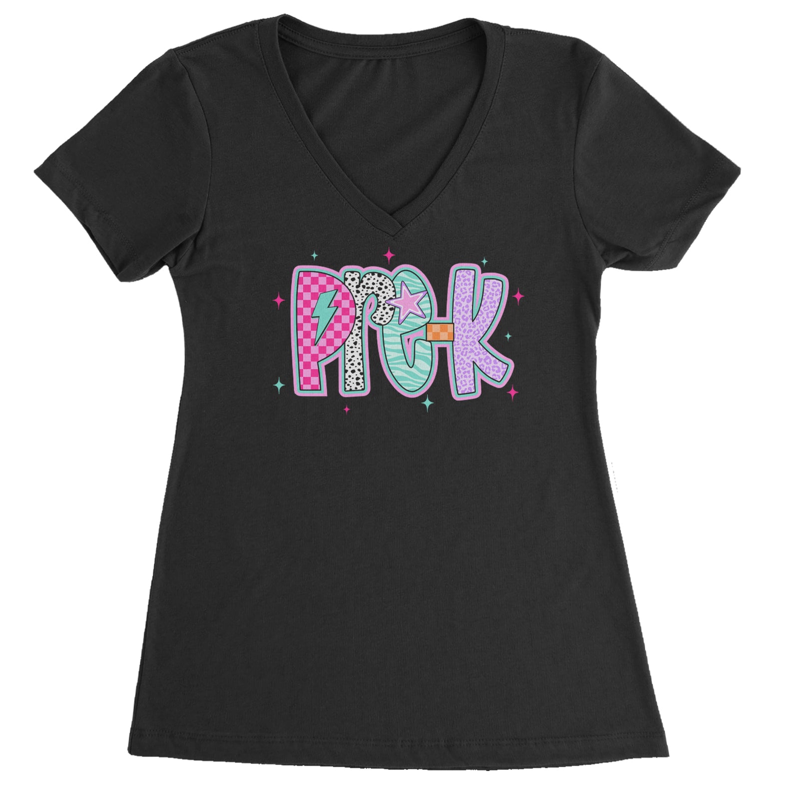 Pre-K Party Time Colorful Back to School Ladies V-Neck T-shirt Black