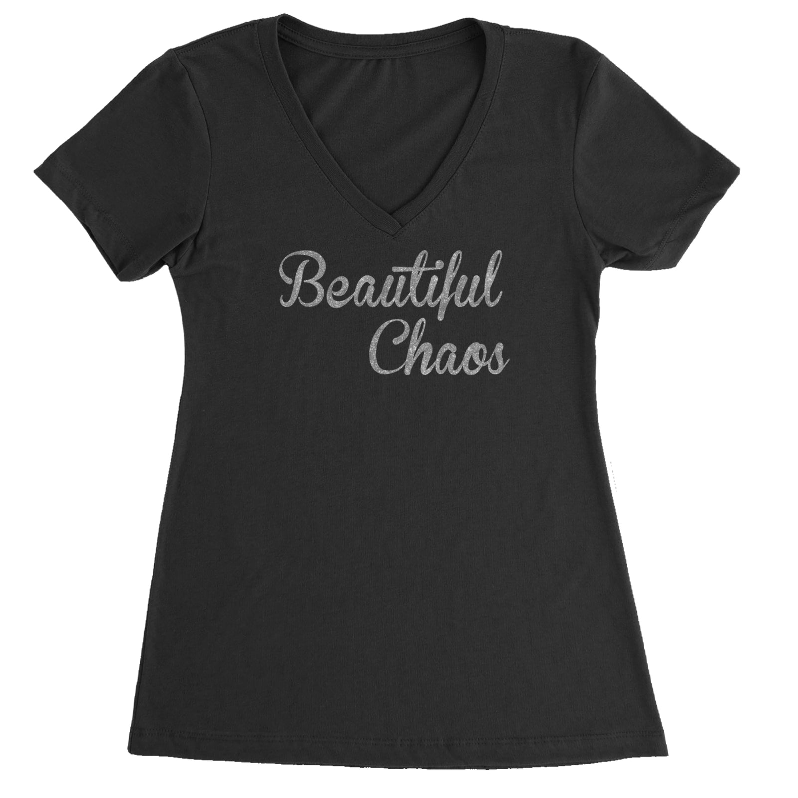 Beautiful Chaos Glitter Music Festival Ladies V-Neck T-shirt Black