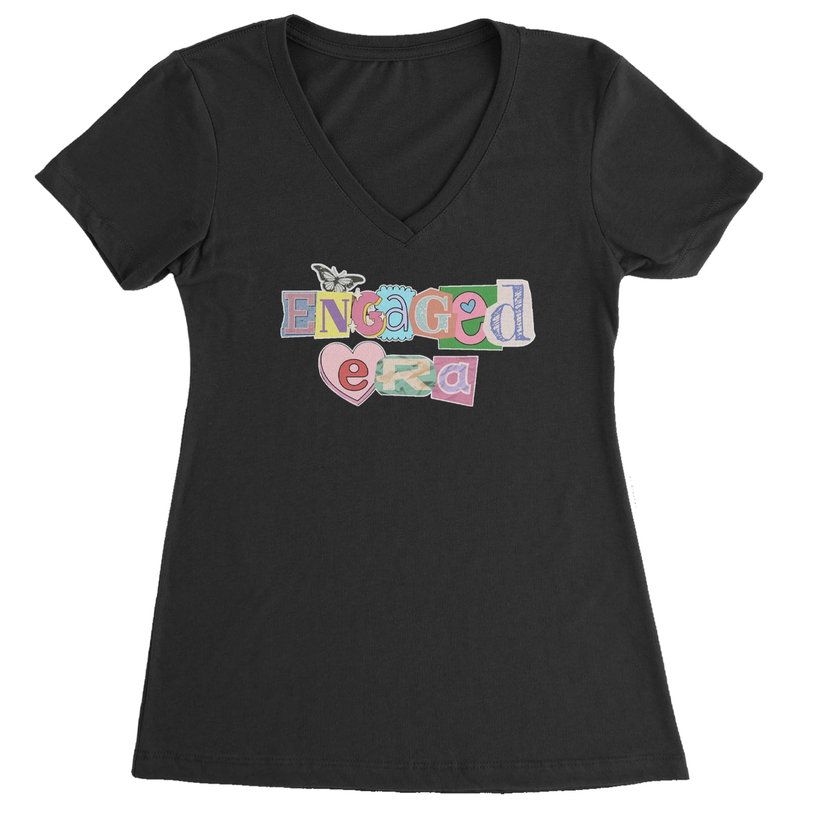 Engaged Era Aesthetic Retro Collage Design Ladies V-Neck T-shirt Black