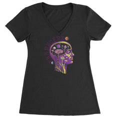 Psychedelic Cosmic Mushroom Head Ladies V-Neck T-shirt Black