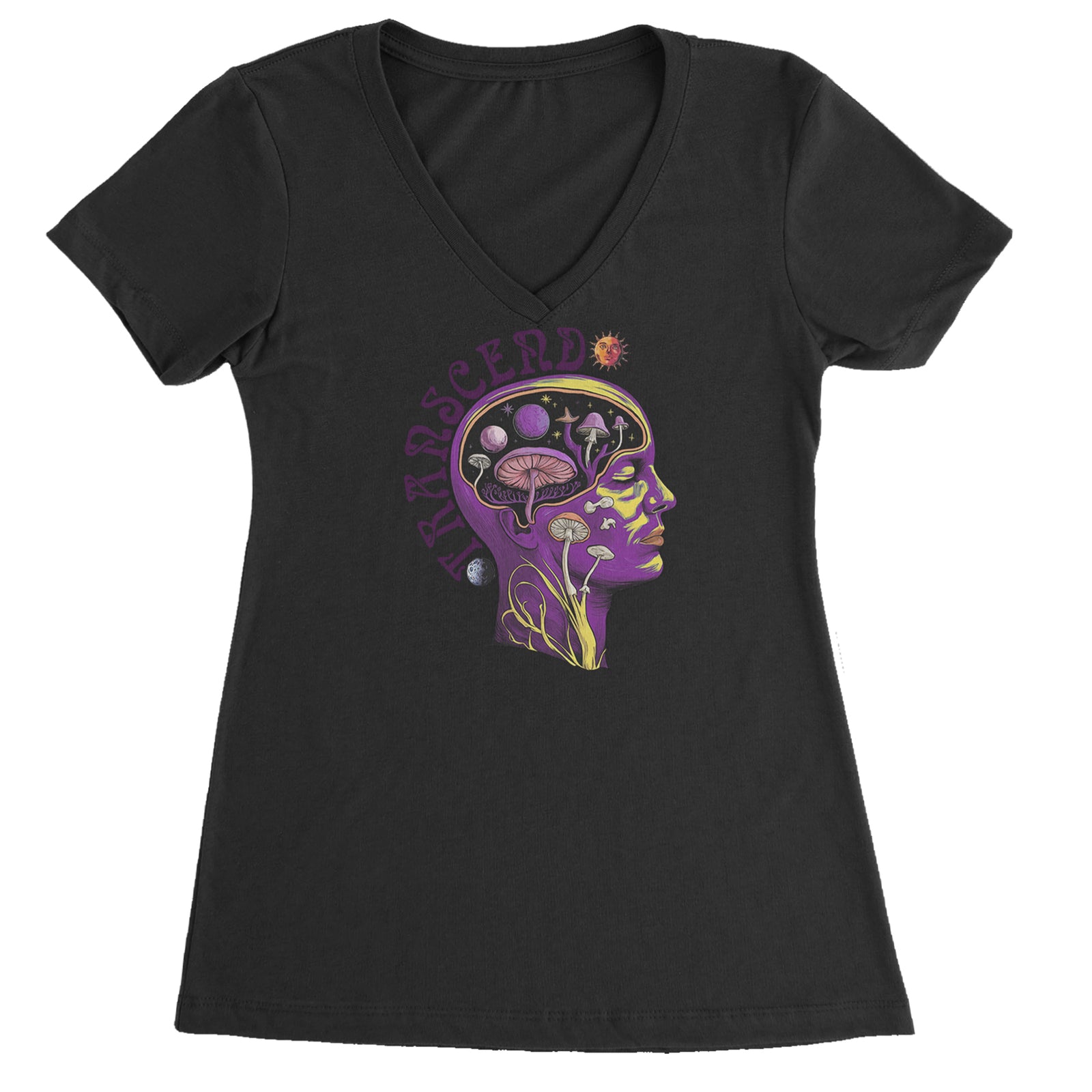 Psychedelic Cosmic Mushroom Head Ladies V-Neck T-shirt Blue Clouds