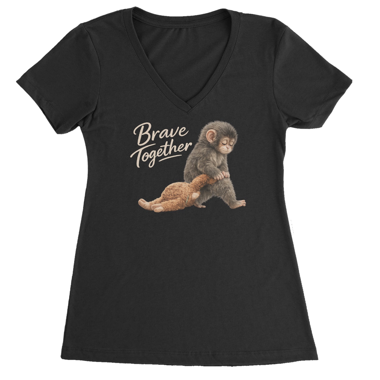 Punch Brave Together Stuffed Animal Ladies V-Neck T-shirt Black