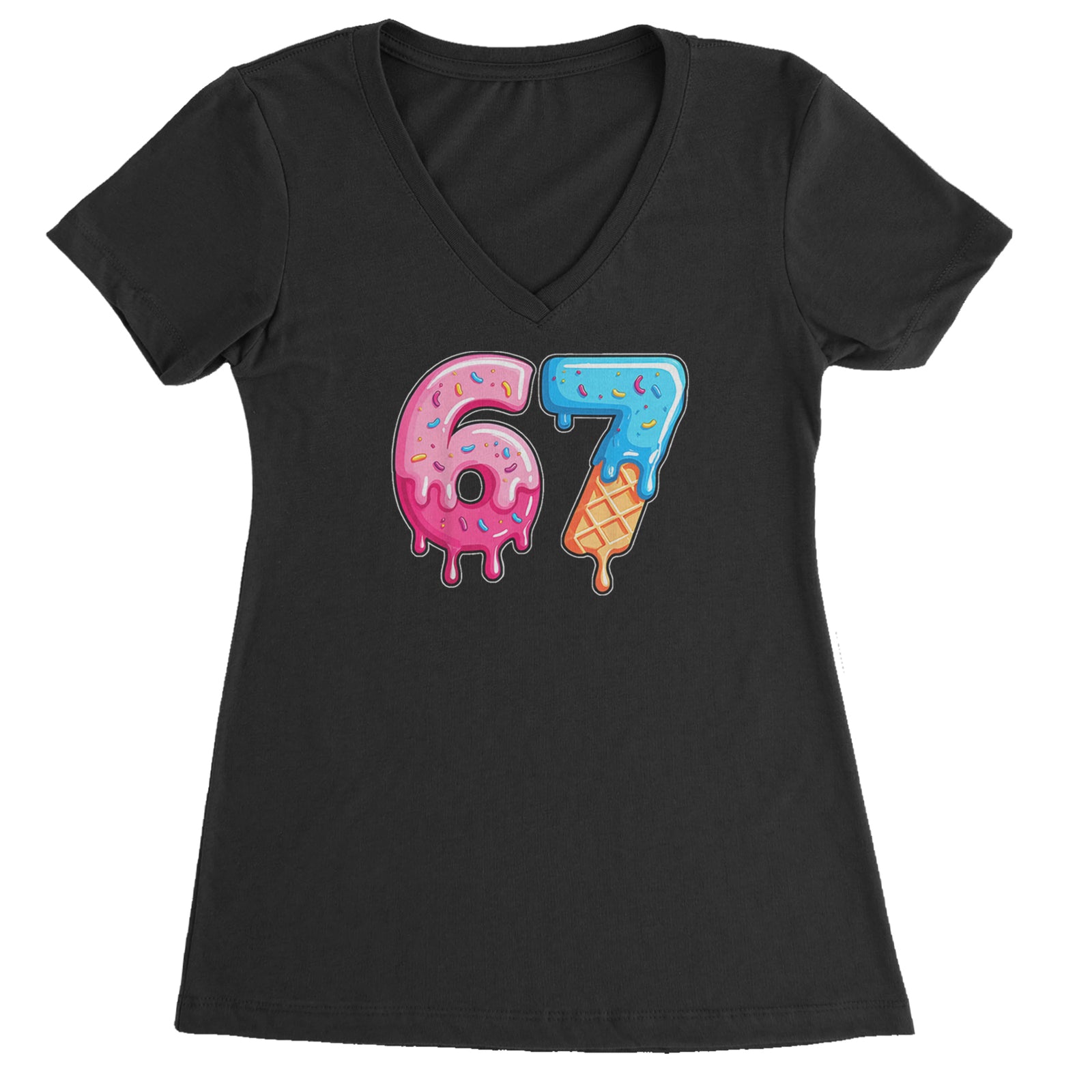 67 Dripping Ice Cream Donut Melt Ladies V-Neck T-shirt Black