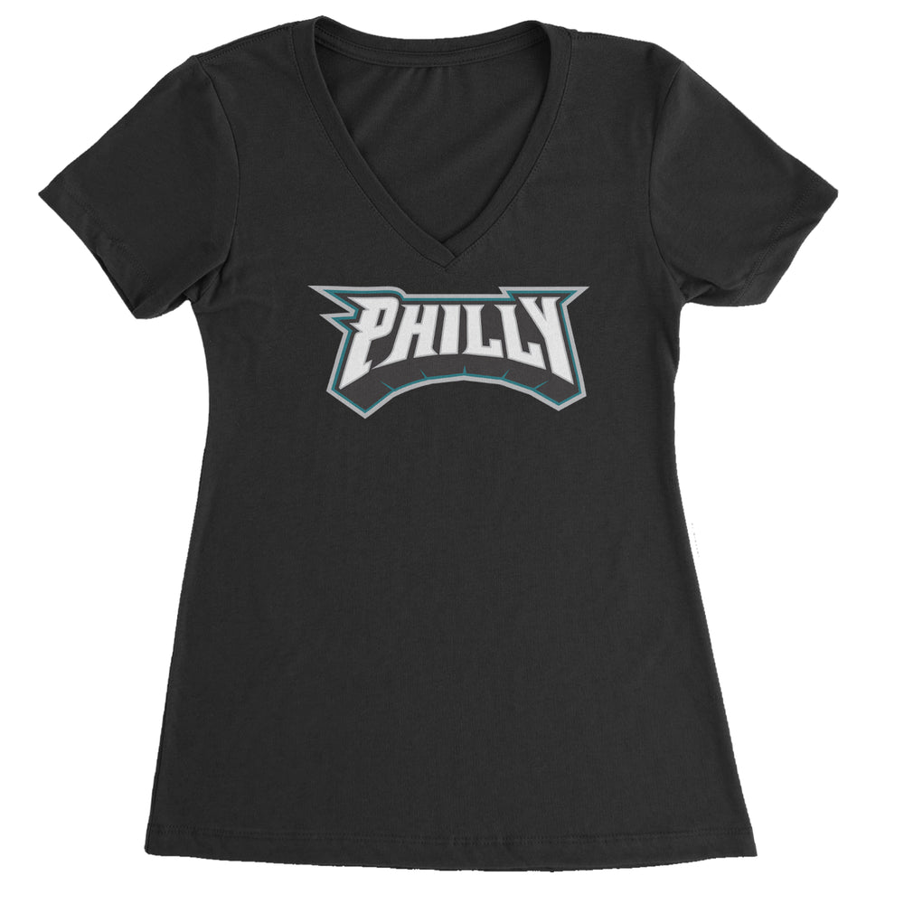 Philly Bold Block Throwback graphic on Women's Lightweight V-Neck T-Shirt in Black