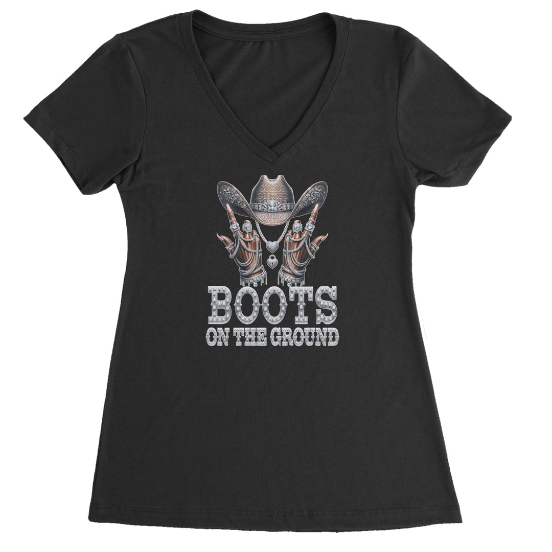 Boots On The Ground Bling artwork with rhinestone-style cowgirl hat and jewelry details on a Women's Lightweight V-Neck T-Shirt
