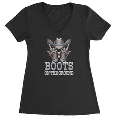 Boots On The Ground Bling artwork with rhinestone-style cowgirl hat and jewelry details on a Women's Lightweight V-Neck T-Shirt