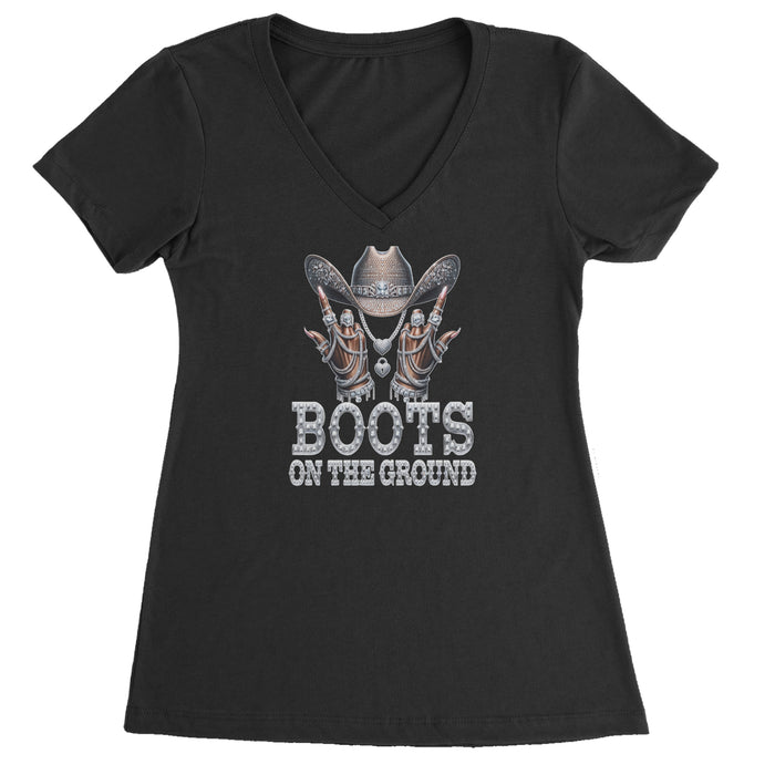 Boots On The Ground Bling Ladies V-Neck T-shirt