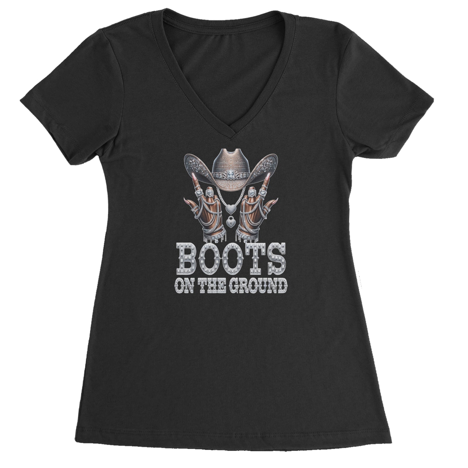 Boots On The Ground Bling Ladies V-Neck T-shirt Black