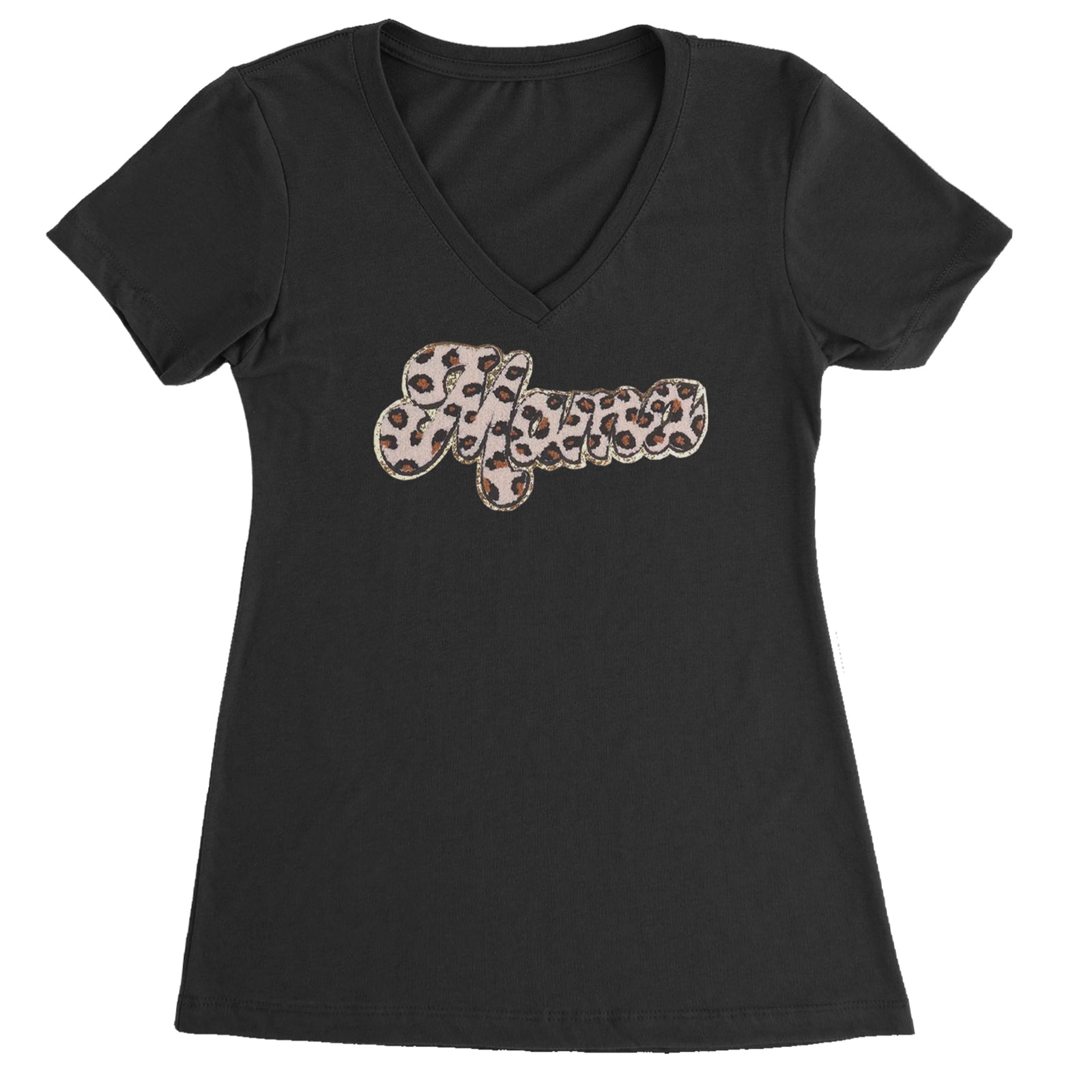 Mama Cheetah Print Glitter Chenille Patch Ladies V-Neck T-shirt Black