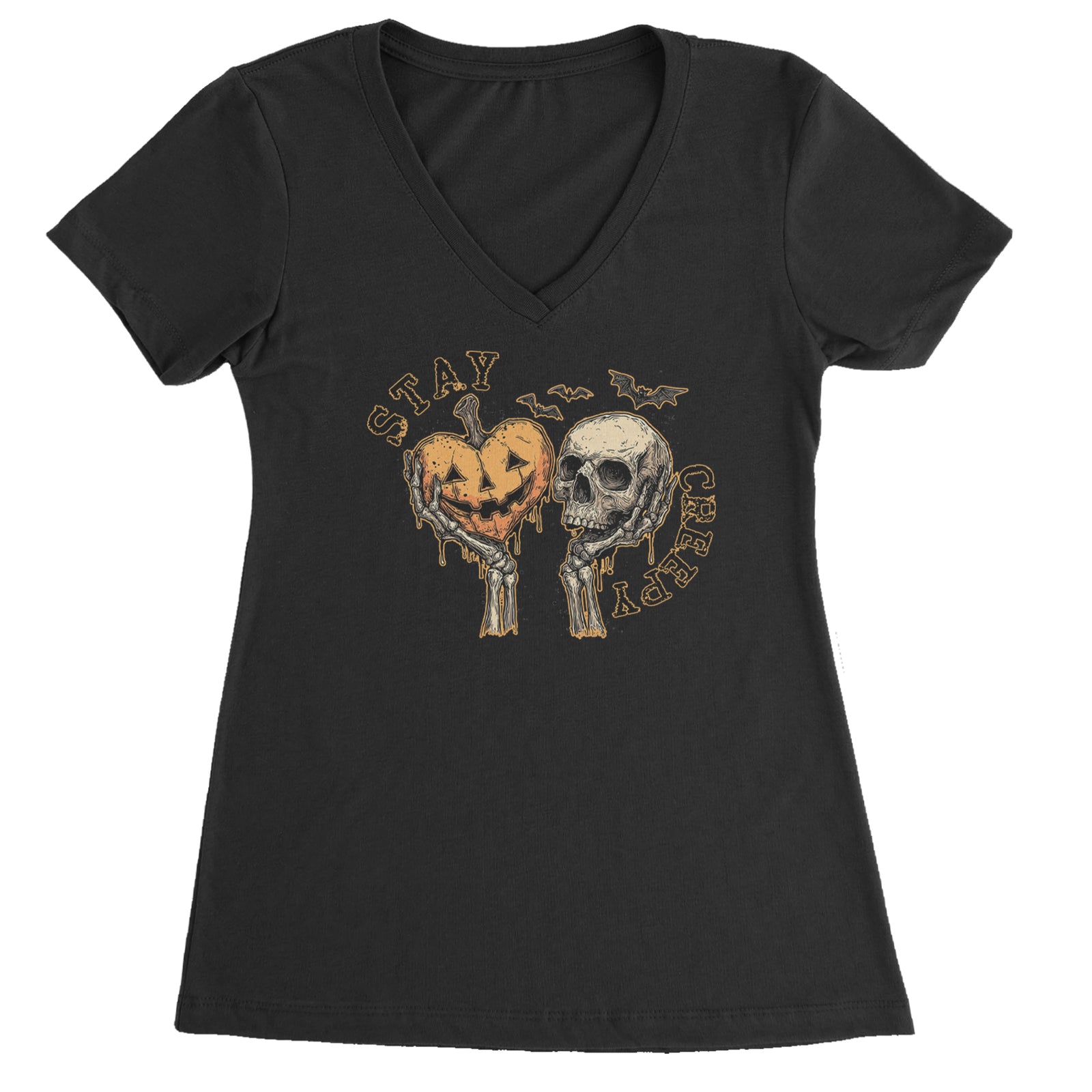 Stay Creepy Skull and Pumpkin Halloween Ladies V-Neck T-shirt Black