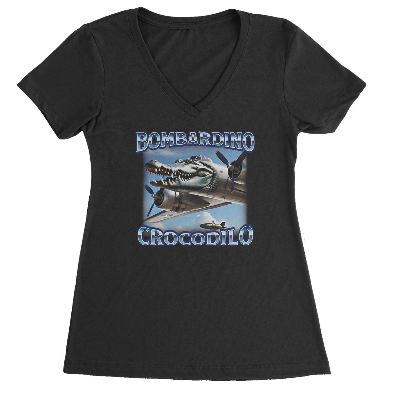 Bombardino Crocodilo Brainrot Ladies V-Neck T-shirt Black