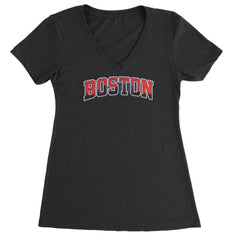 Boston skyline silhouette built into bold "BOSTON" lettering on a Women's Lightweight V-Neck T-Shirt