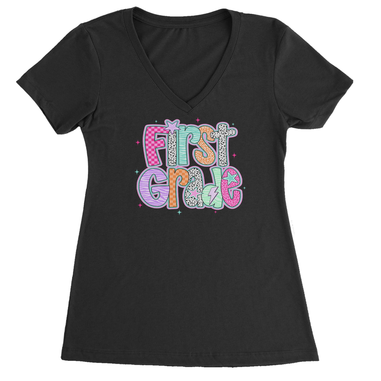 First Grade Vibes Colorful Back to School Ladies V-Neck T-shirt Black