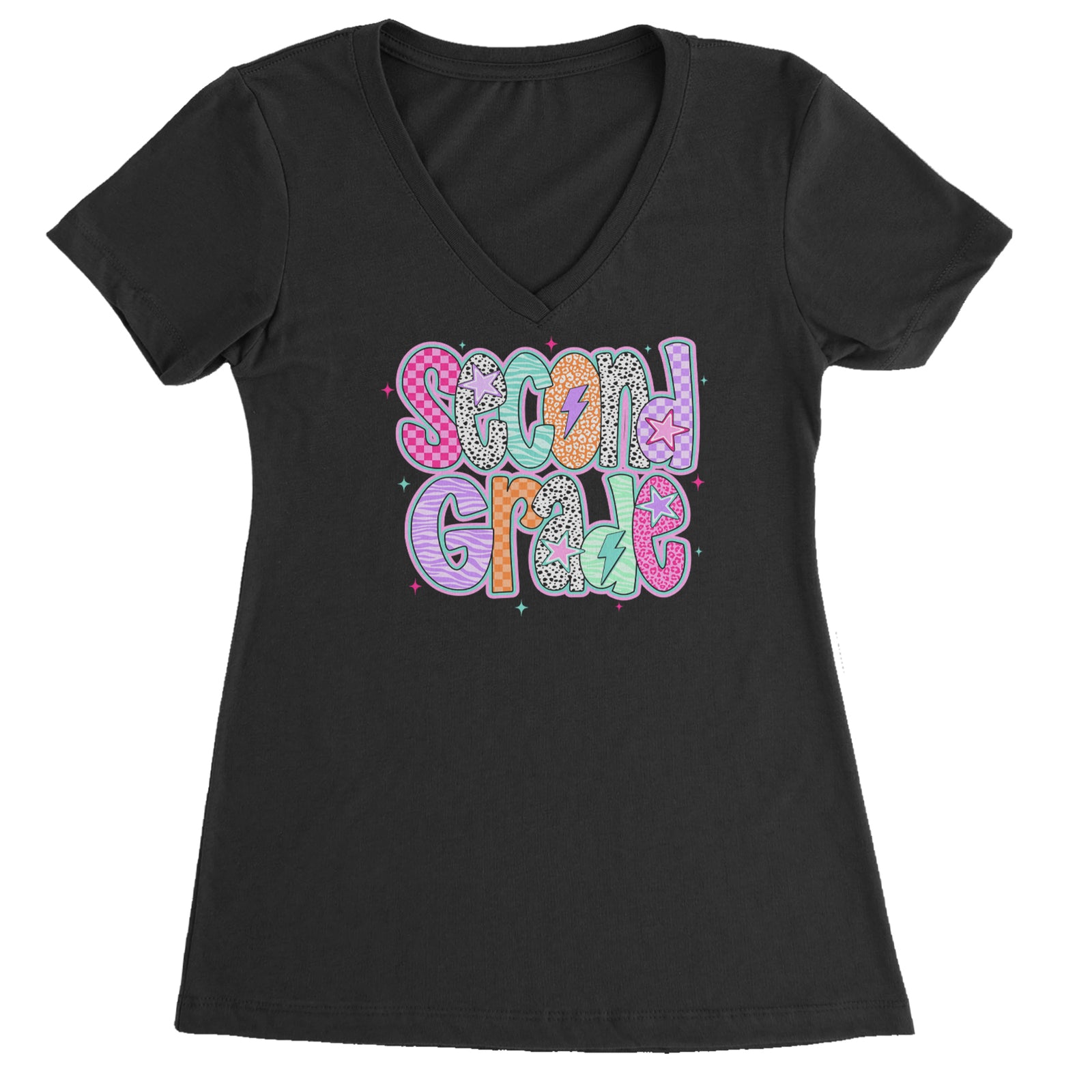Second Grade Star Colorful Back to School Ladies V-Neck T-shirt Black