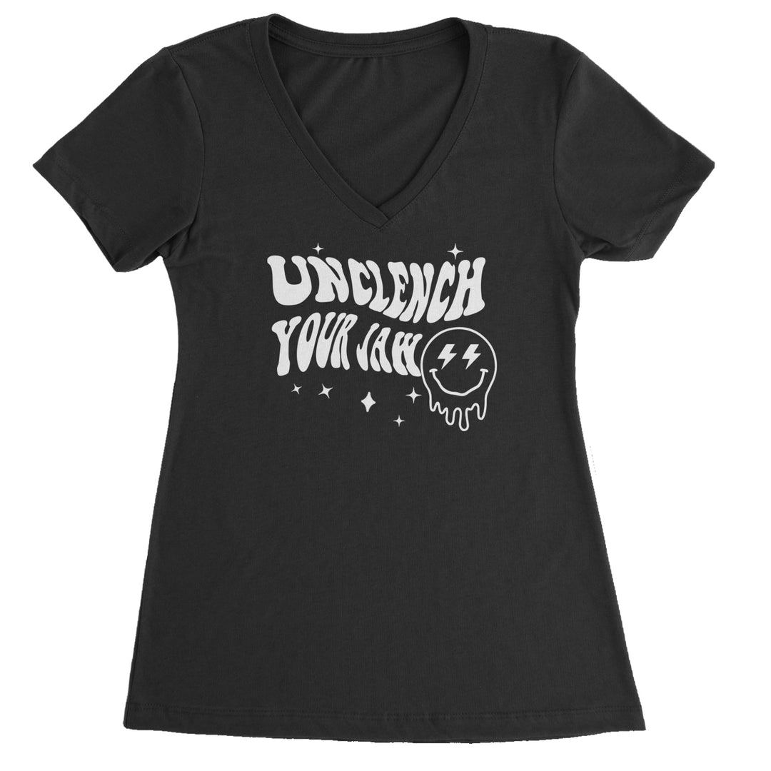 Unclench Your Jaw Festival Rave EDM Ladies V-Neck T-shirt Black