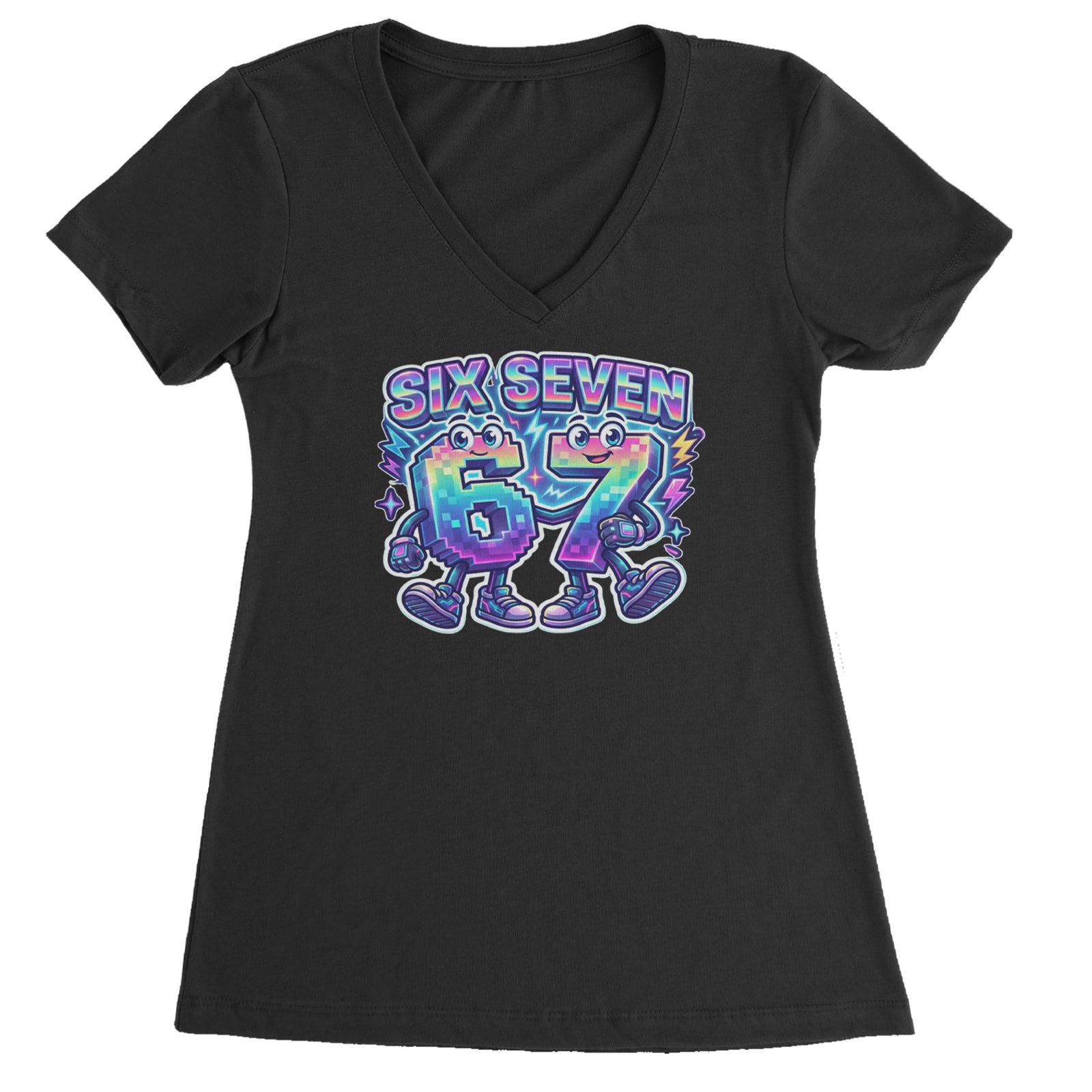 Six Seven 67 Retro Pixel Buddies Ladies V-Neck T-shirt Black
