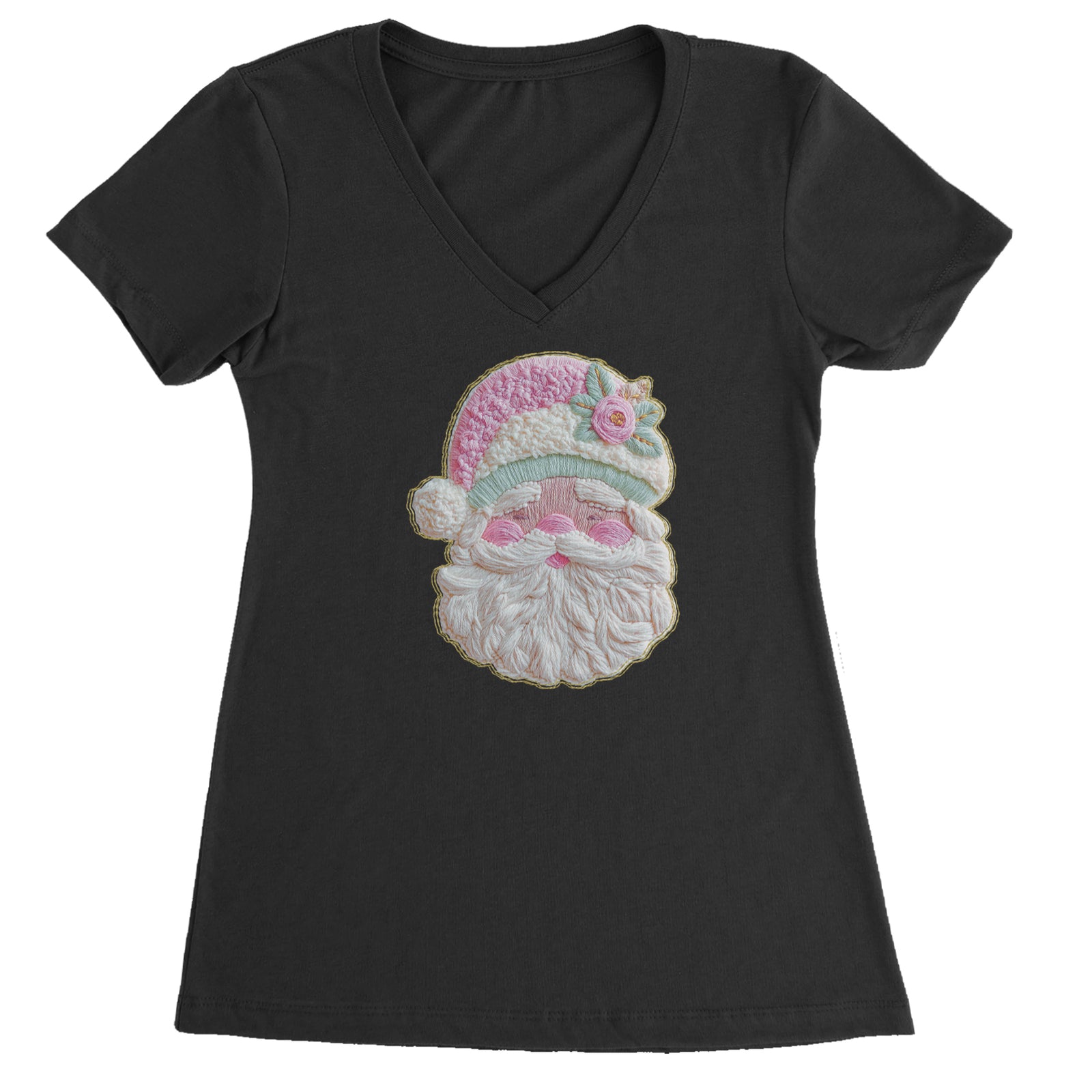 Vintage Santa Embroidery Art Soft Cottagecore Ladies V-Neck T-shirt Black