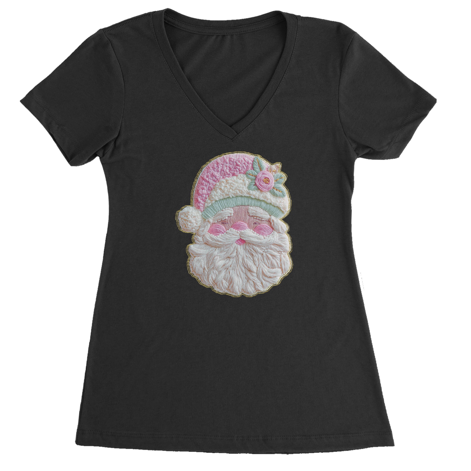 Vintage Santa Embroidery Art Soft Cottagecore Ladies V-Neck T-shirt Black