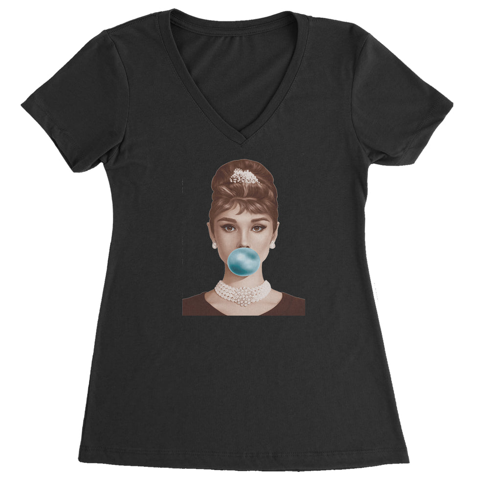 Audrey Hepburn Chewing Bubble Gum American Icon Ladies V-Neck T-shirt Black