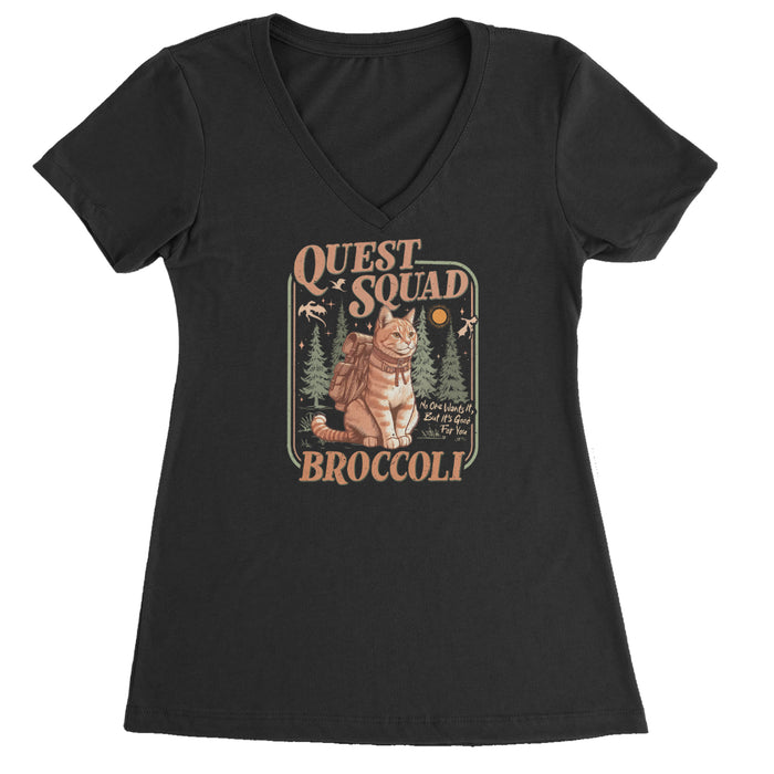 Quest Squad Broccoli Cat Fantasy Reader  Ladies V-Neck T-shirt