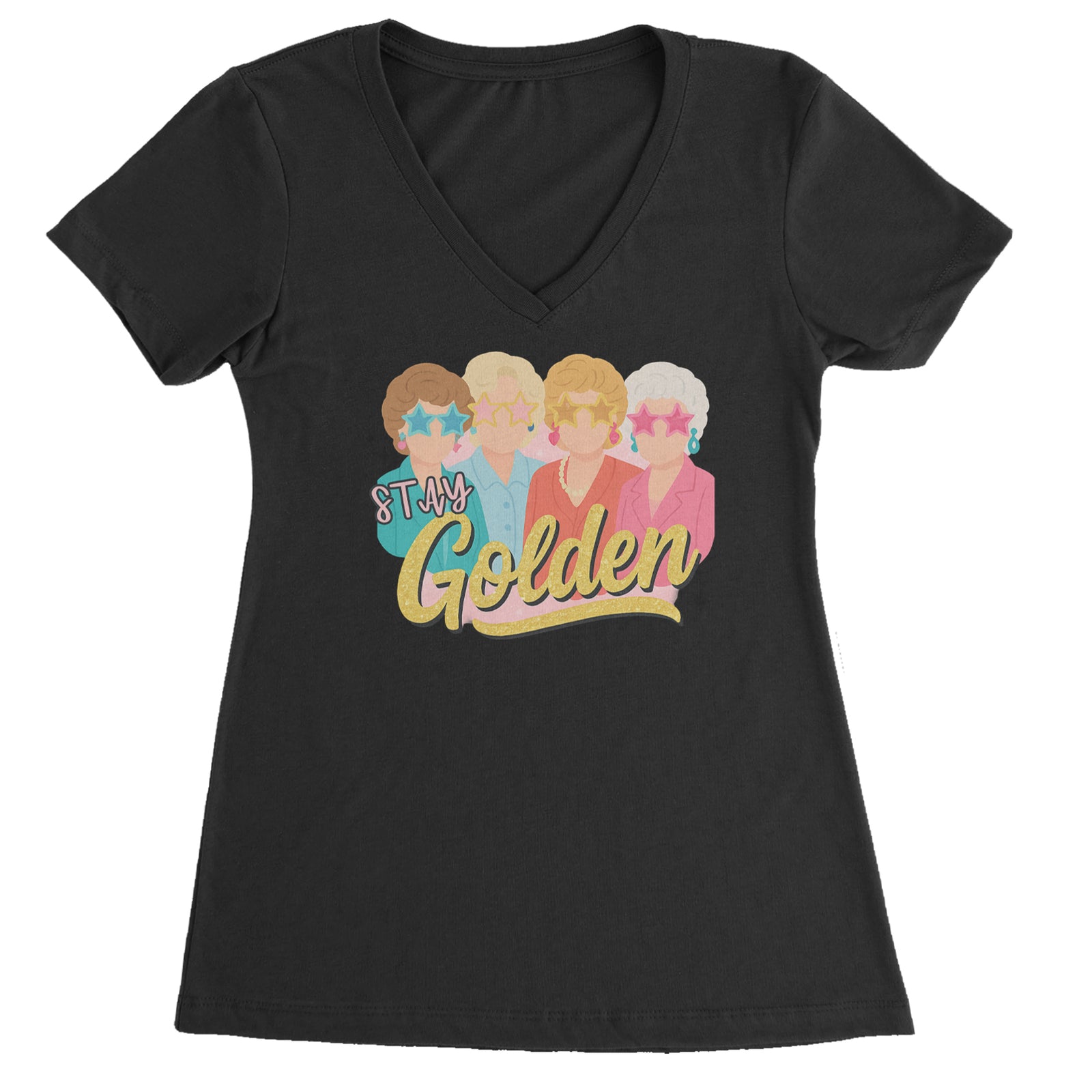 Stay Golden Girls Retro Ladies V-Neck T-shirt Black