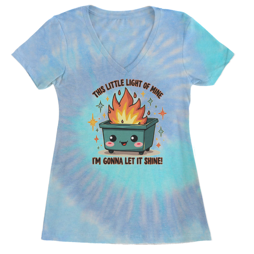 This Little Light of Mine Dumpster Fire Smile Face graphic on Women's Lightweight V-Neck T-Shirt in Blue Clouds