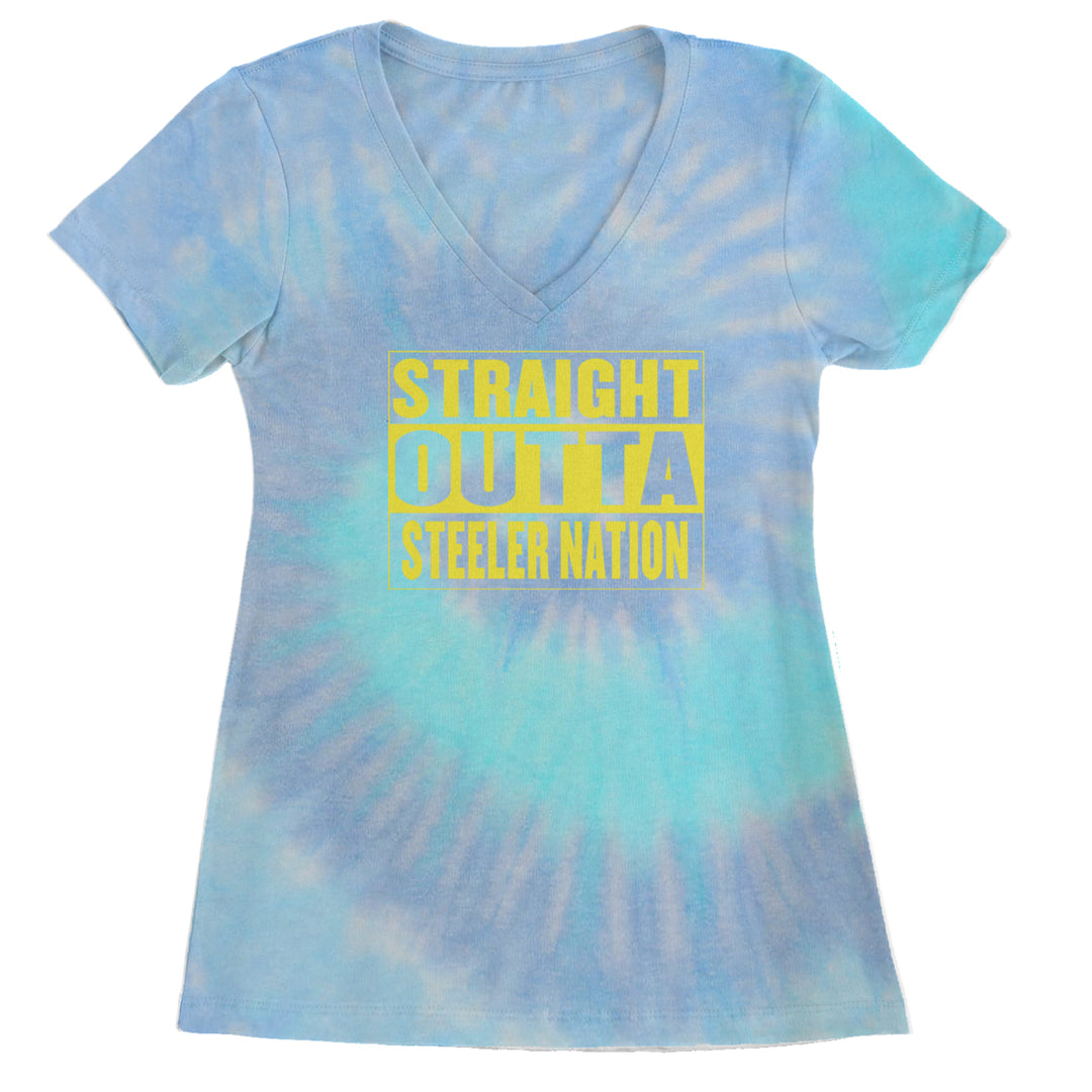 Straight Outta Steeler Nation Football  Ladies V-Neck T-shirt Blue Clouds