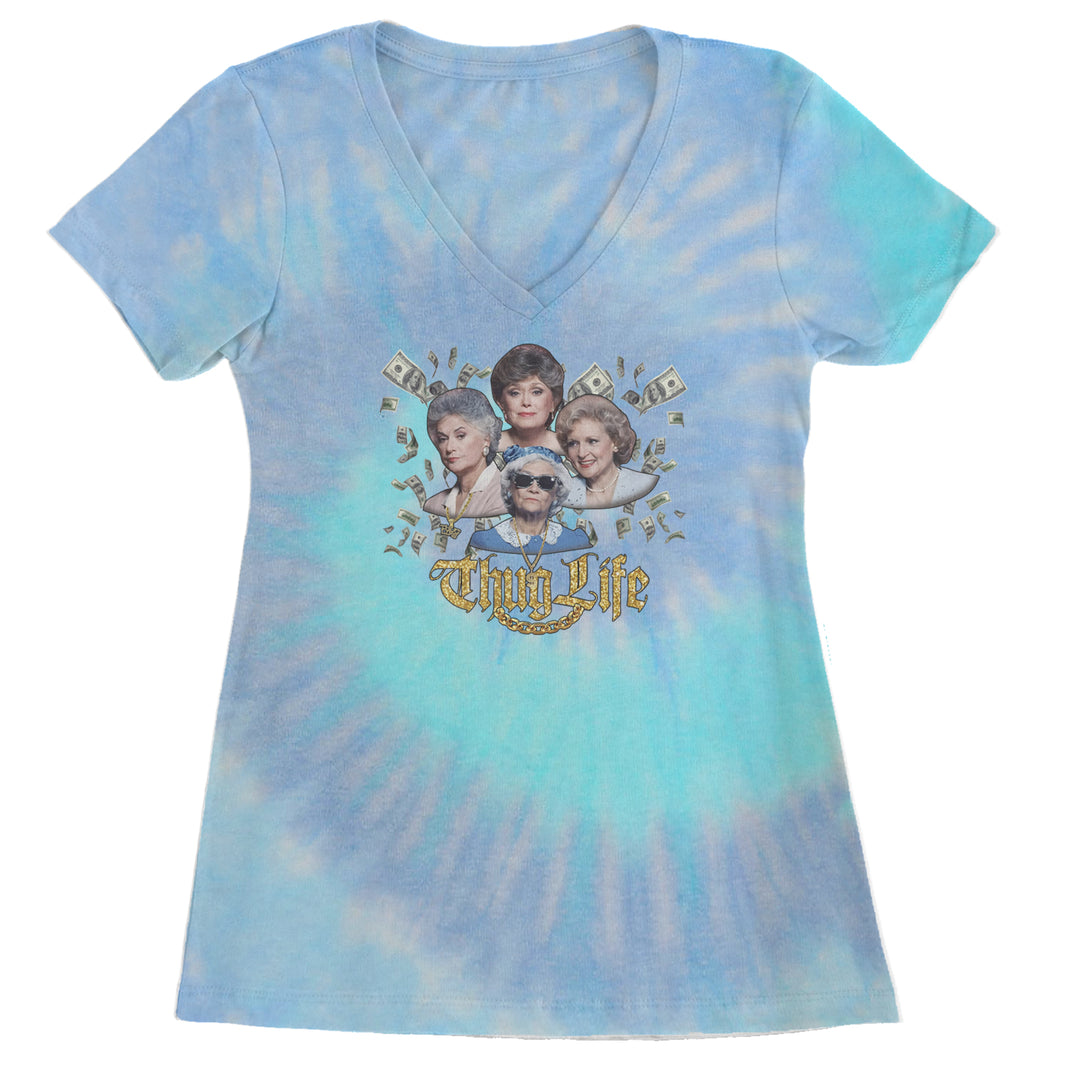 Golden Chain Thug Life Girls Ladies V-Neck T-shirt Blue Clouds