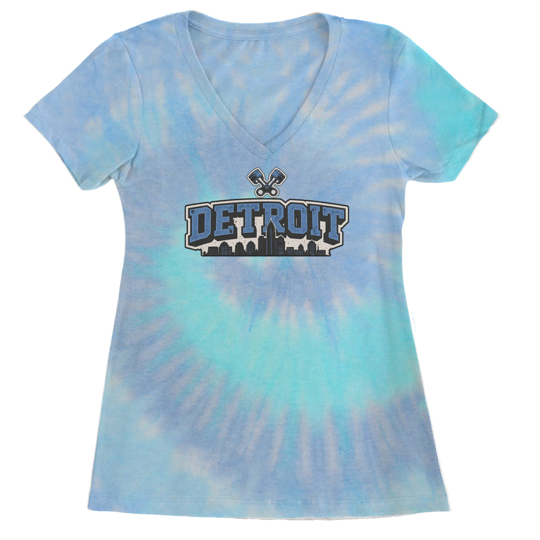 Detroit Motor City Retro Piston Ladies V-Neck T-shirt Blue Clouds