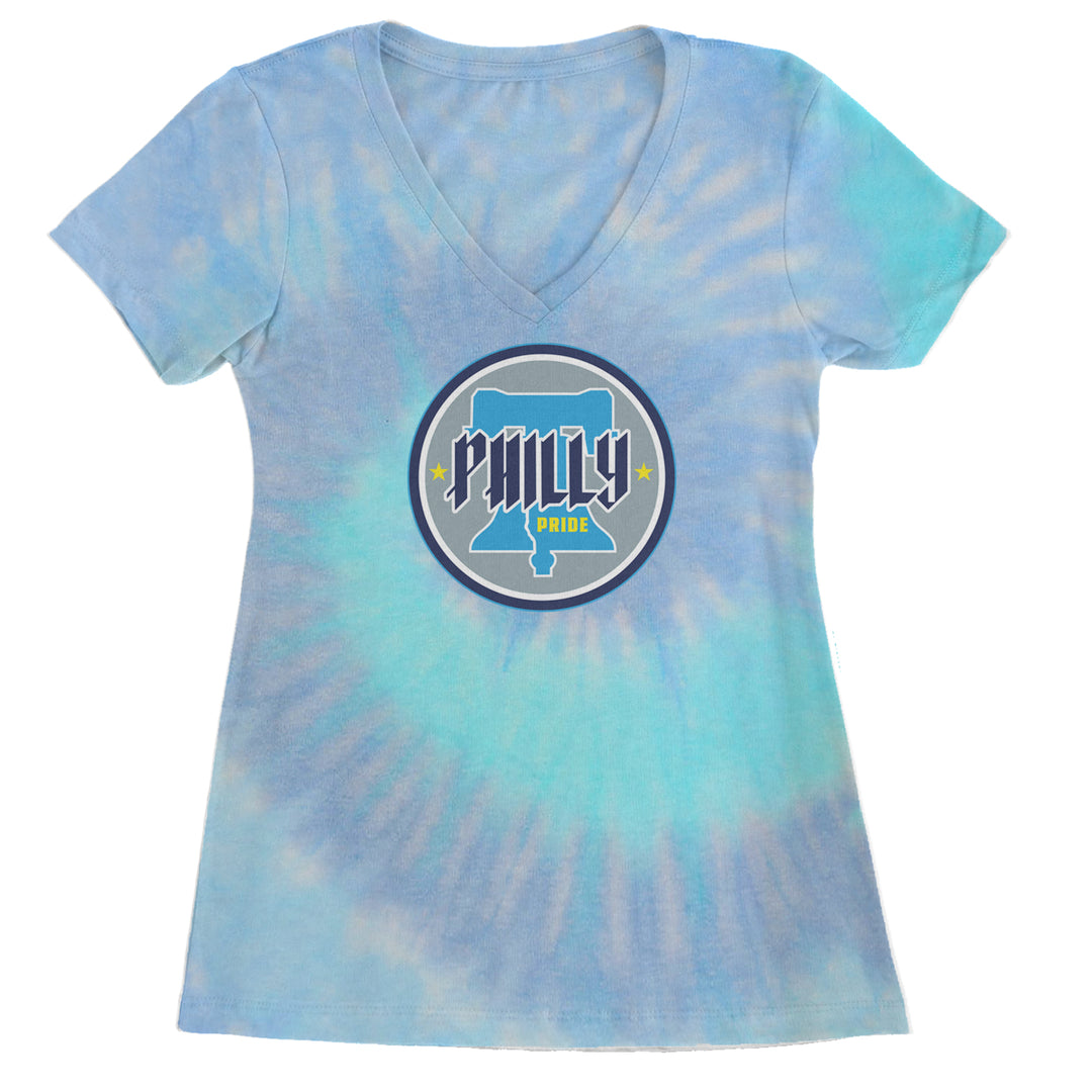 Philly Pride Liberty Bell graphic on Women's Lightweight V-Neck T-Shirt in Blue Clouds