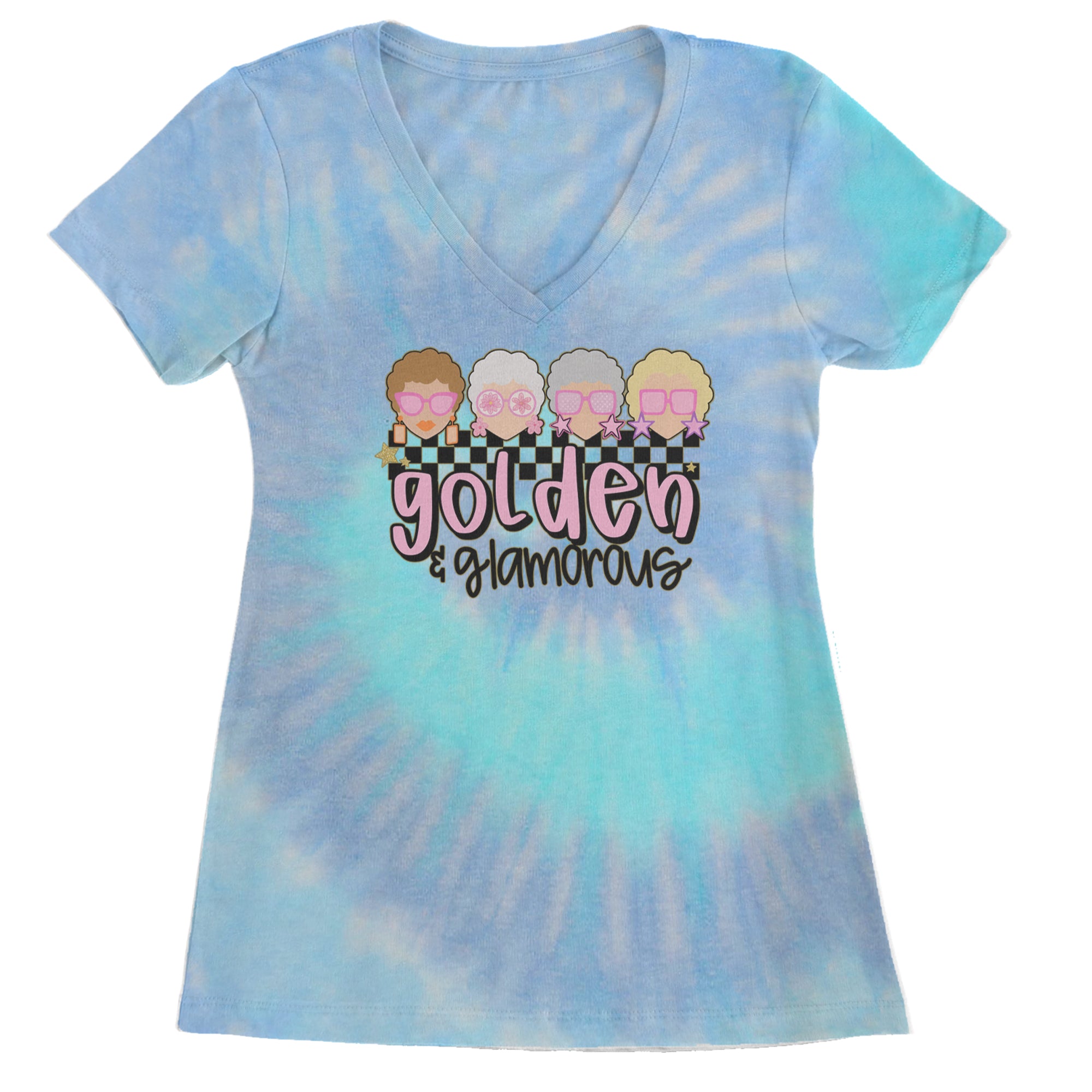 Golden And Glamorous Golden Girls Ladies V-Neck T-shirt Blue Clouds