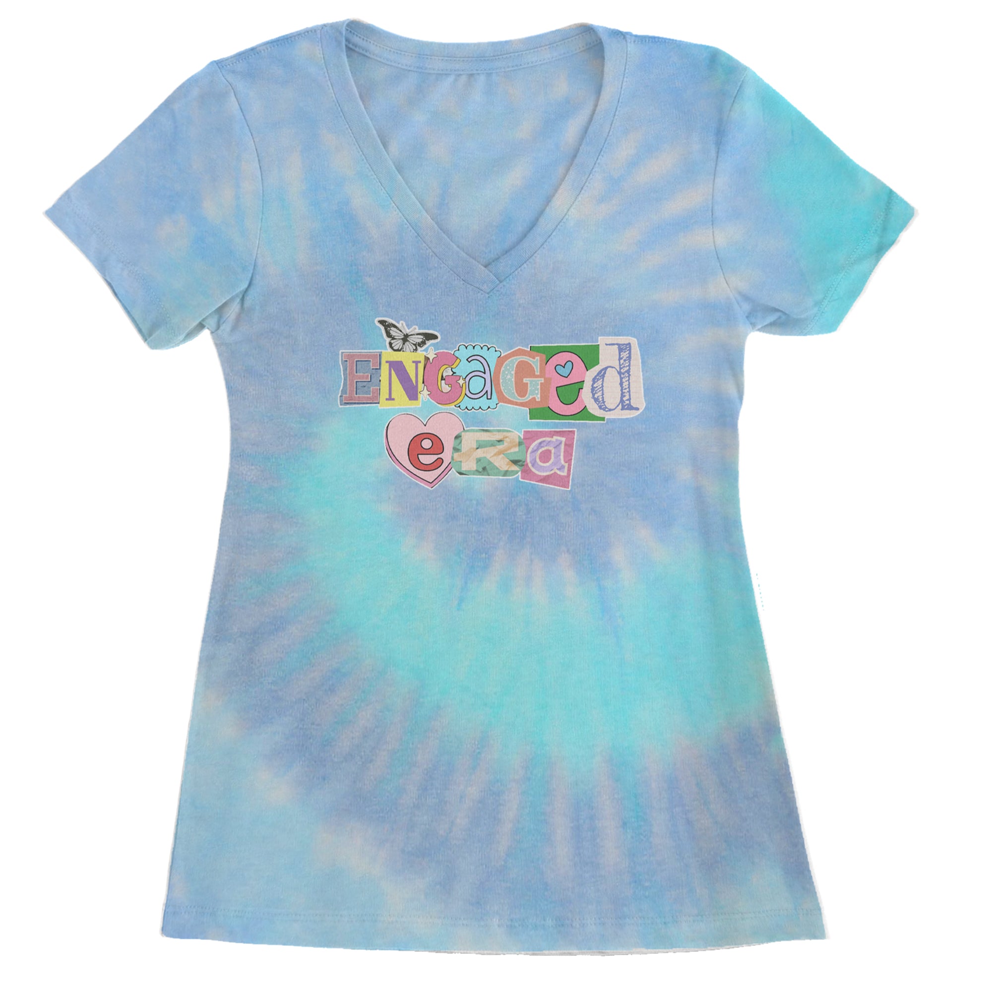 Engaged Era Aesthetic Retro Collage Design Ladies V-Neck T-shirt Blue Clouds