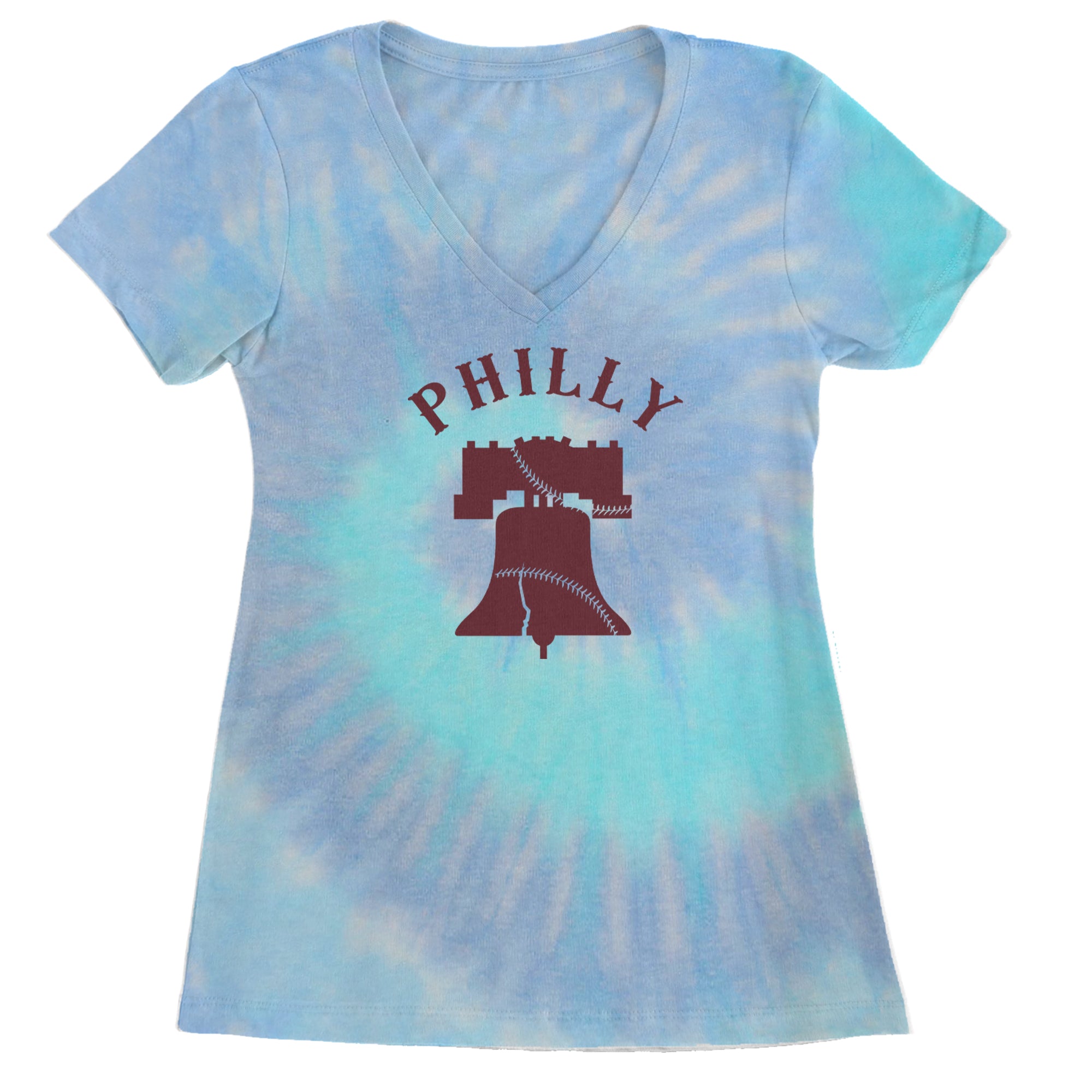 Philly Cracked Liberty Bell Ladies V-Neck T-shirt Blue Clouds