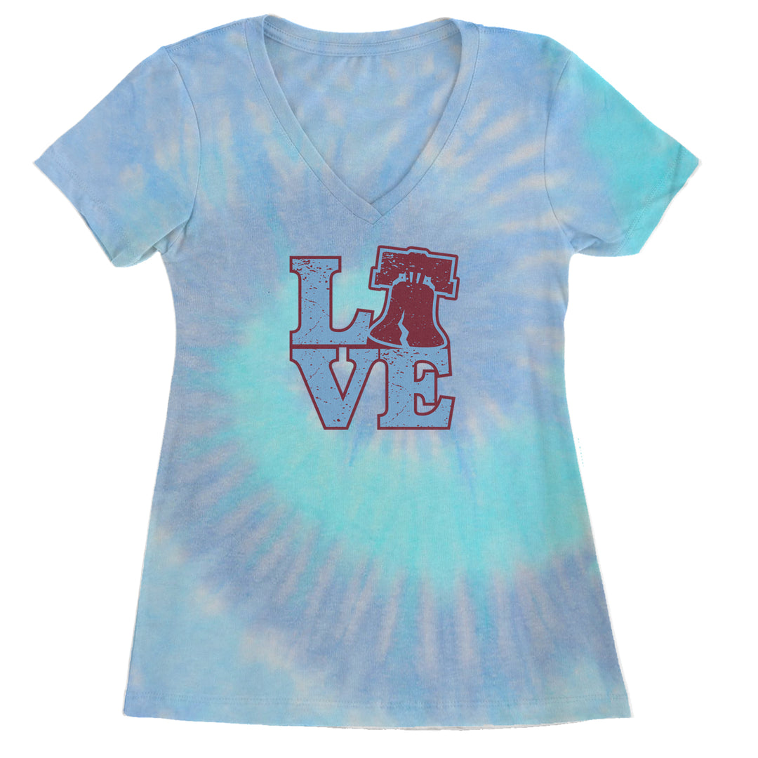 Love Philly Liberty Bell Ladies V-Neck T-shirt Blue Clouds