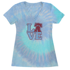 Love Philly Liberty Bell Ladies V-Neck T-shirt Blue Clouds