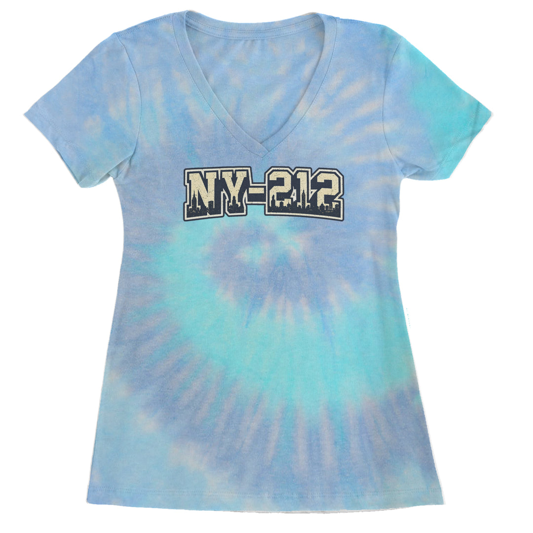 New York City 212 Area Code Skyline  Ladies V-Neck T-shirt Blue Clouds