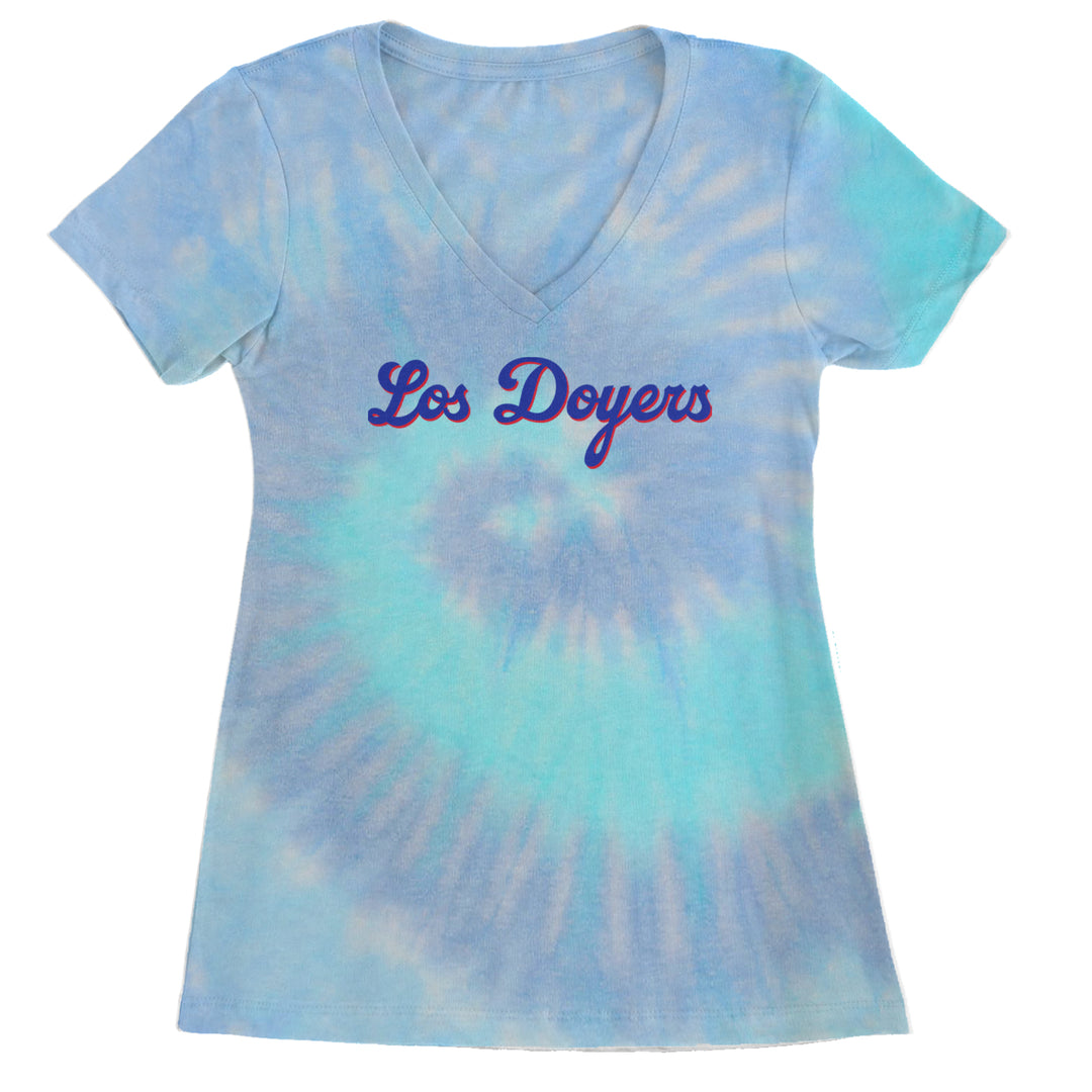 Los Doyers LA Baseball Ladies V-Neck T-shirt Blue Clouds