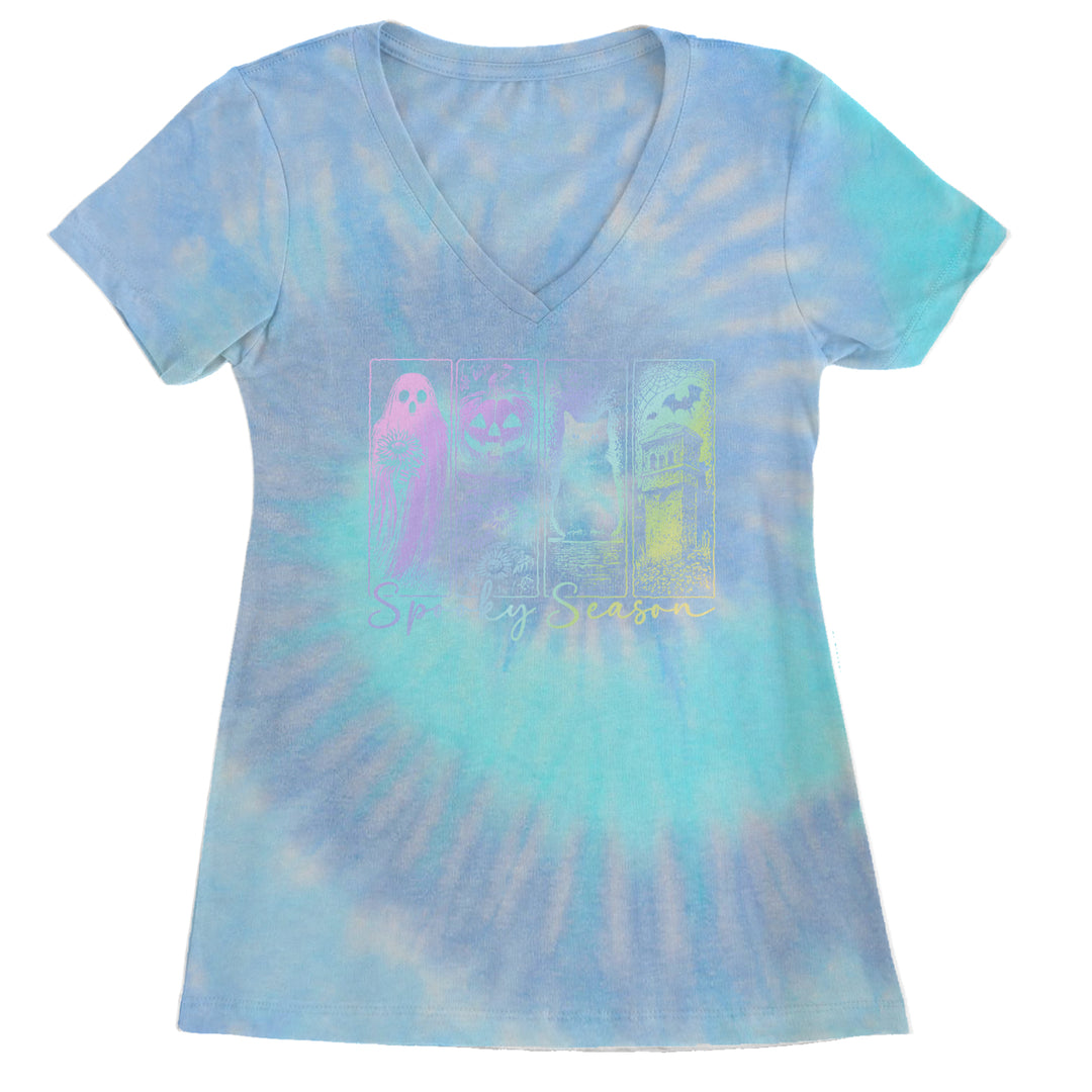 Spooky Season Cute Pastel Halloween Design Ladies V-Neck T-shirt Blue Clouds
