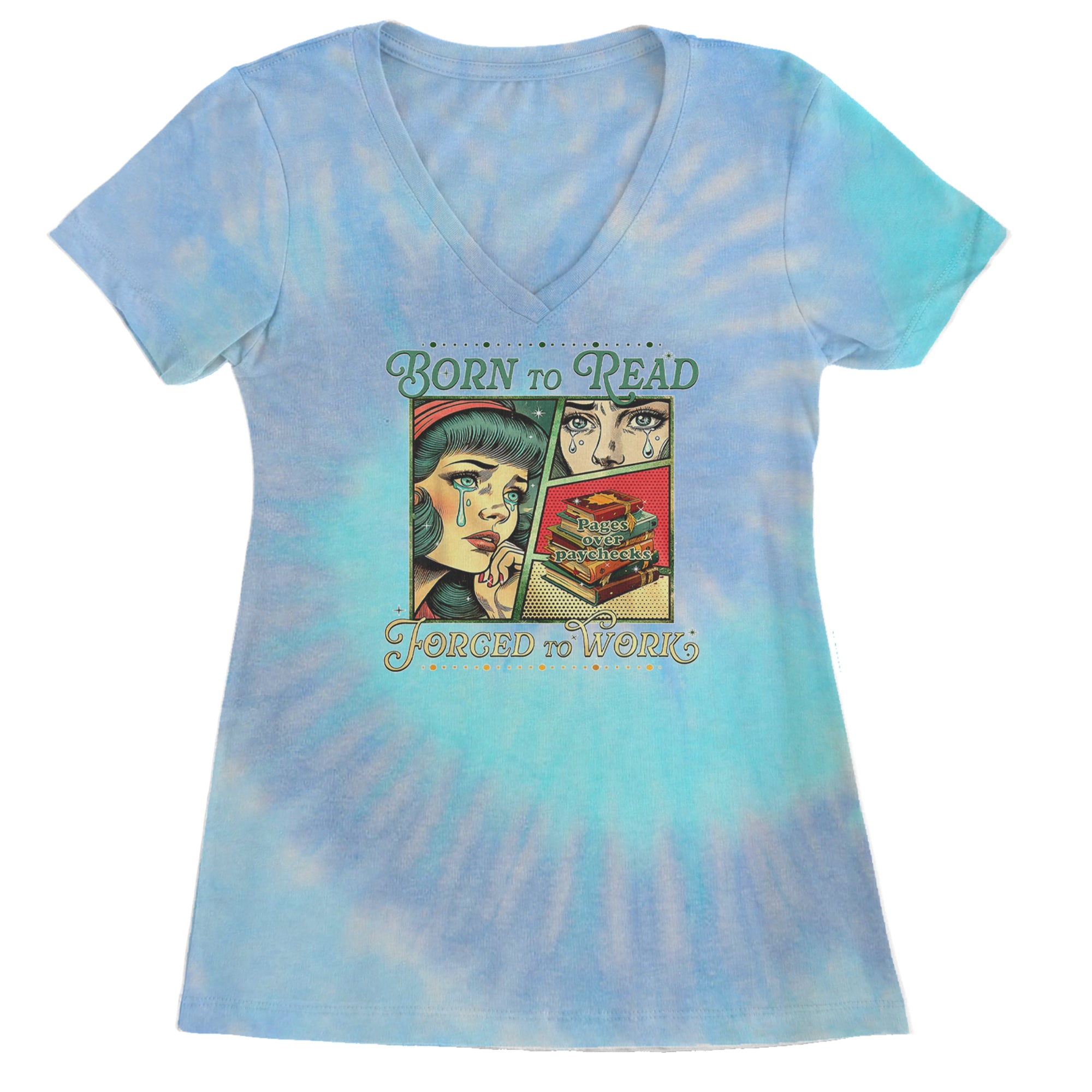 Born To Read, Forced To Work Ladies V-Neck T-shirt Blue Clouds