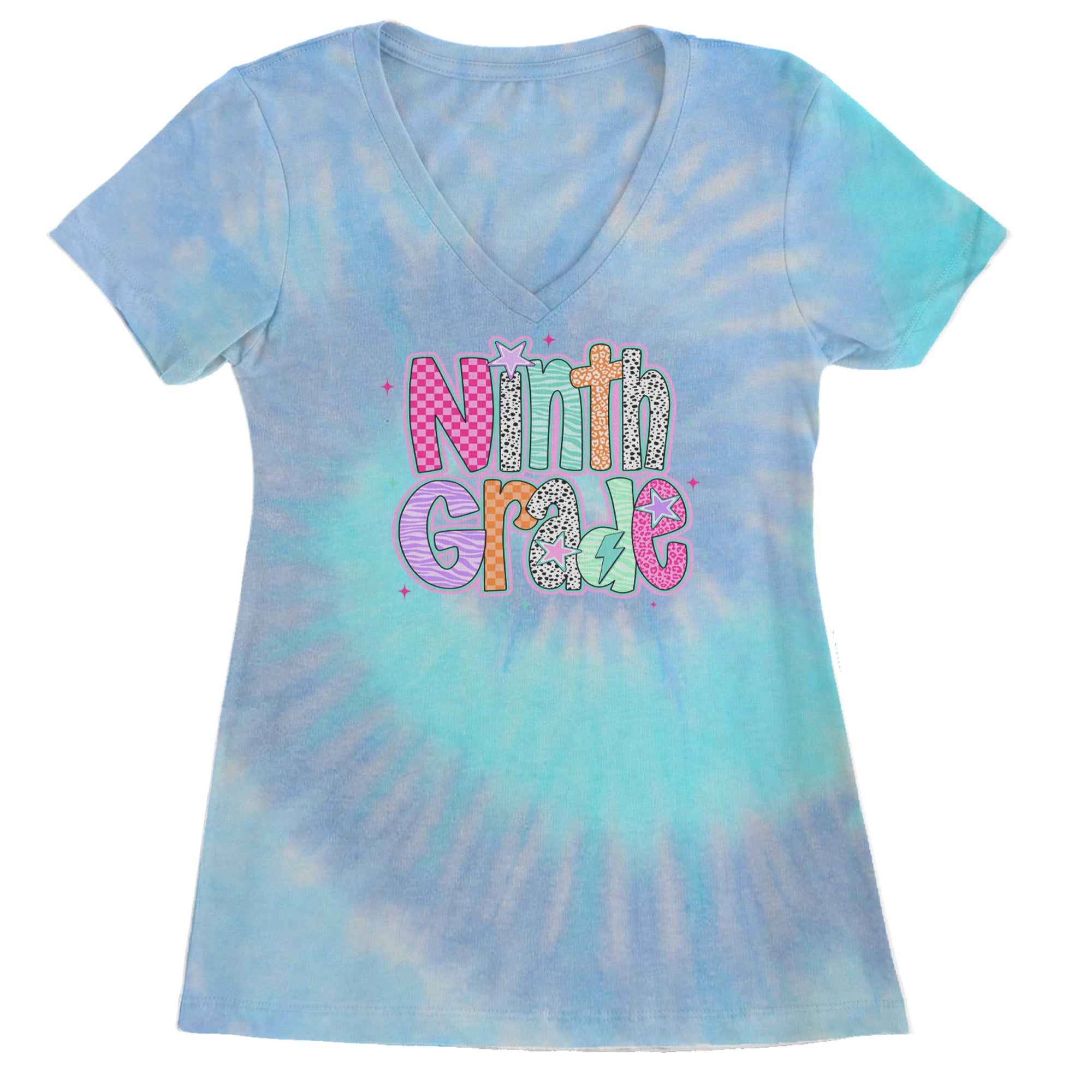 Ninth Grade Freshman Vibes Colorful Back to School Ladies V-Neck T-shirt Blue Clouds